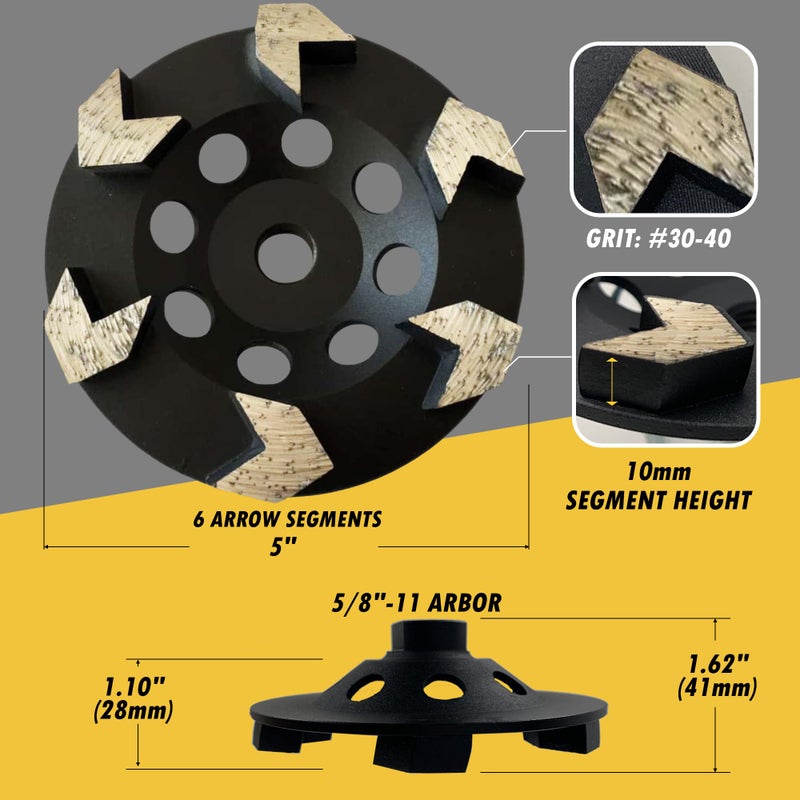 EDiamondTools عجلات طحن الماس عالية الأداء 5" للخرسانة، الطلاء، الإيبوكسي، الماستيك، إزالة الطلاء، #30/40 حبيبات، 6 قطع سهم، 5/8"-11 محور - Image 3